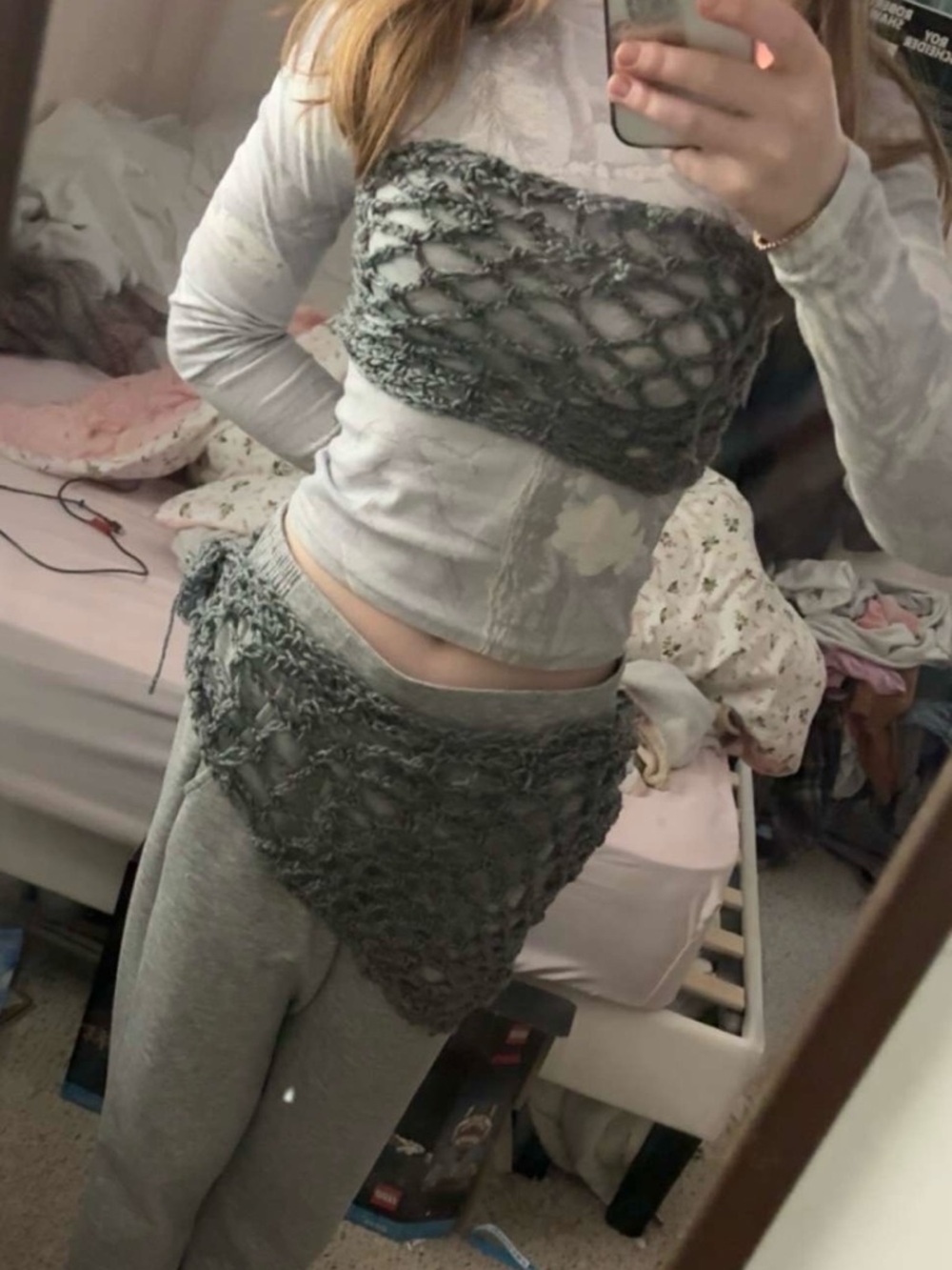 Handcrafted Crochet Bandeau & Hip Scarf Set in grey
